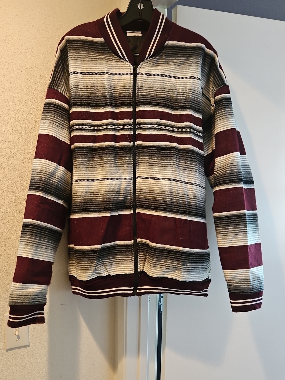 Men's Striped Zip-Front Sweater Jacket in Burgundy and Cream